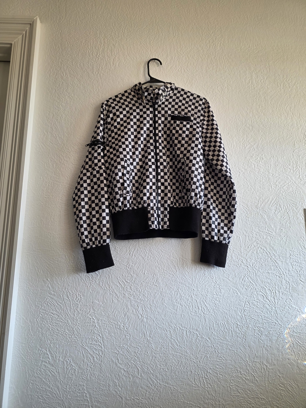 Checkerboard Zip-Up Bomber Jacket - Black & White